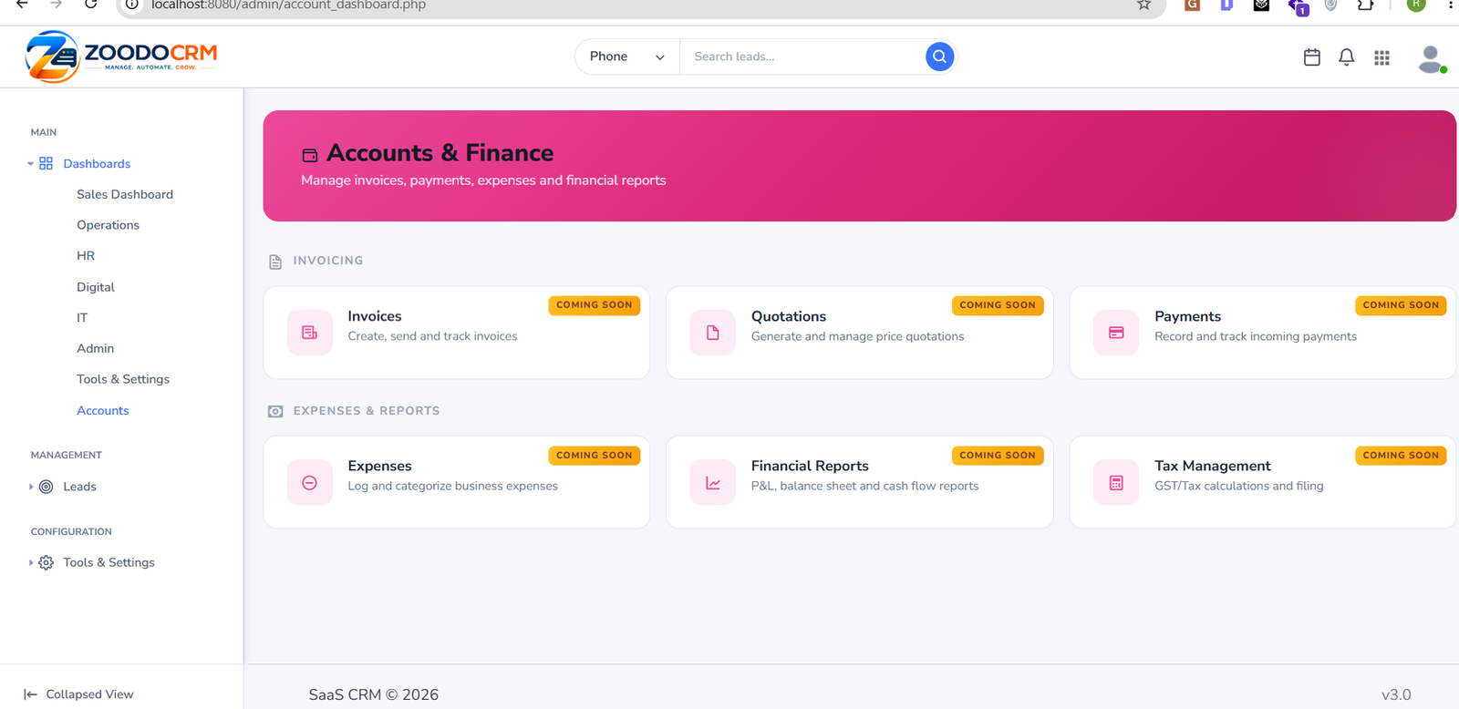 ZoodoCRM accounts and finance dashboard with invoicing and reports