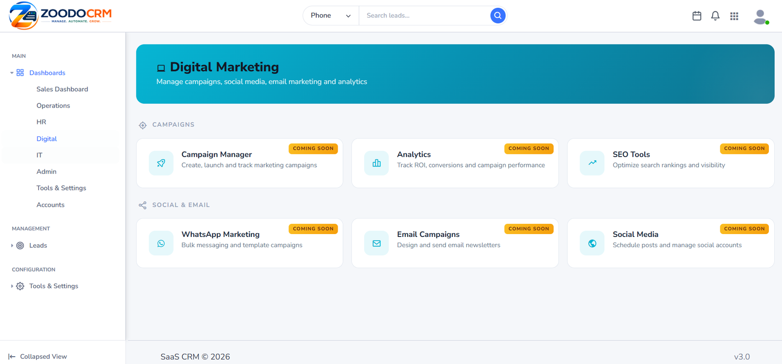 ZoodoCRM digital marketing dashboard with campaign modules