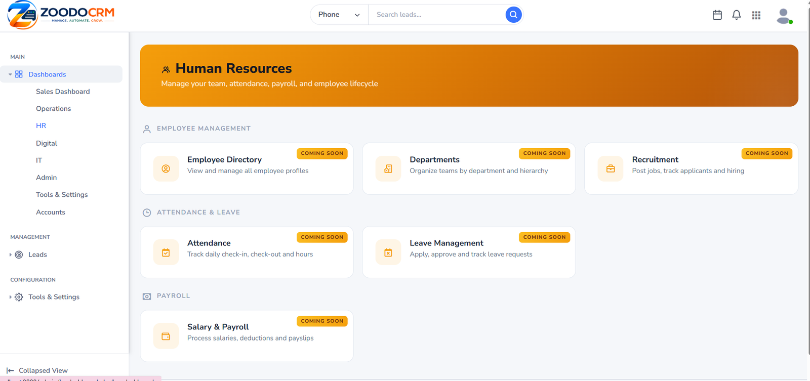 ZoodoCRM HR dashboard with employee attendance and payroll modules