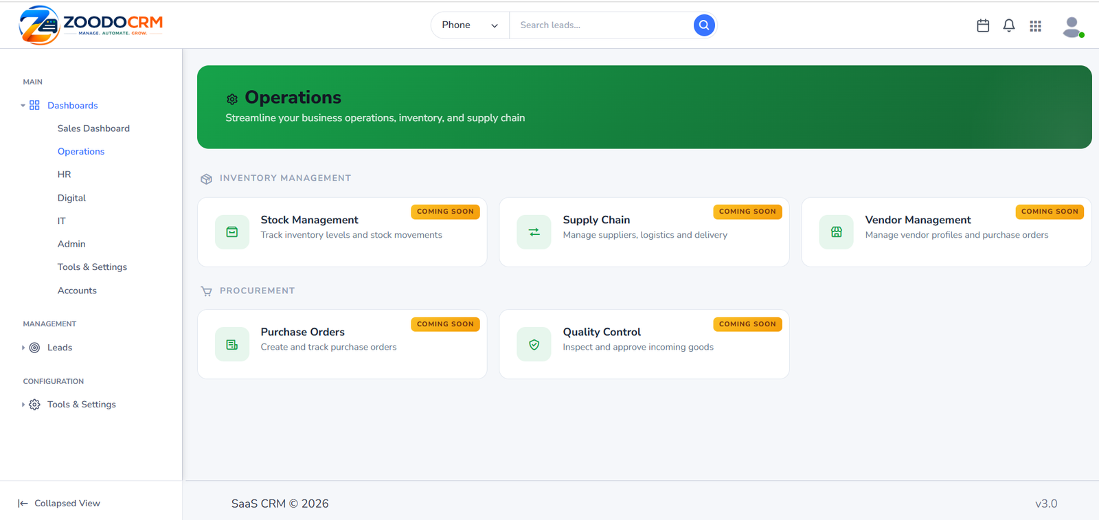 ZoodoCRM operations dashboard with inventory and procurement modules